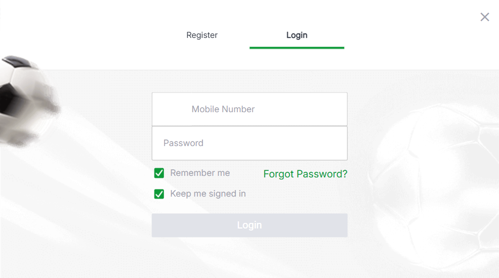 Login form with mobile number and password