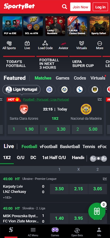 SportyBet mobile home with sports and matches