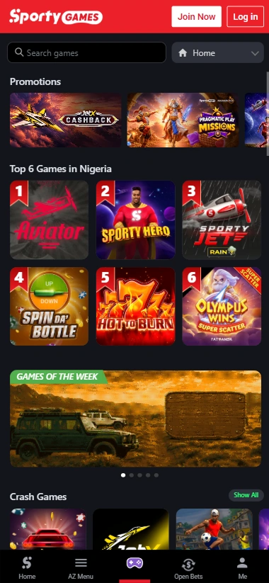 screen-3 Sporty Games mobile lobby top games Nigeria