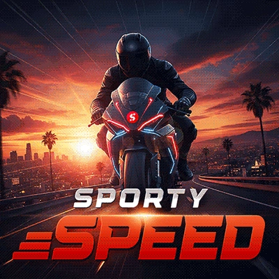 Sporty Speed rider on motorcycle at sunset